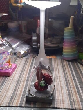 Hand Crafted Frosted Glass Wine Stem Display with Red Ornaments
